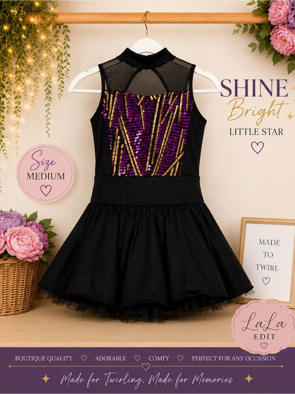 Weissman Black Dress with Purple & Gold Sequin Bodice